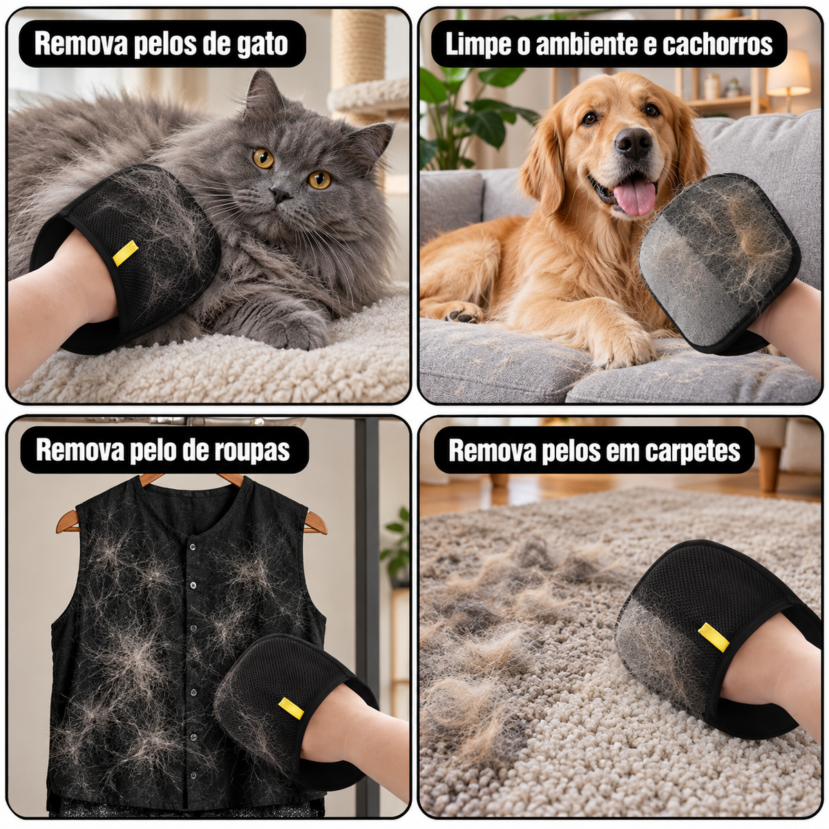 Luva para remoção de pelos reutilizável, dupla face para animais de estimação, carpetes e roupas.